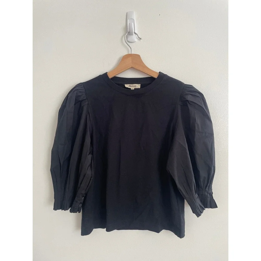 NWT Madewell Puff Sleeve Top Women Small Black Mixed Media Poplin NV971